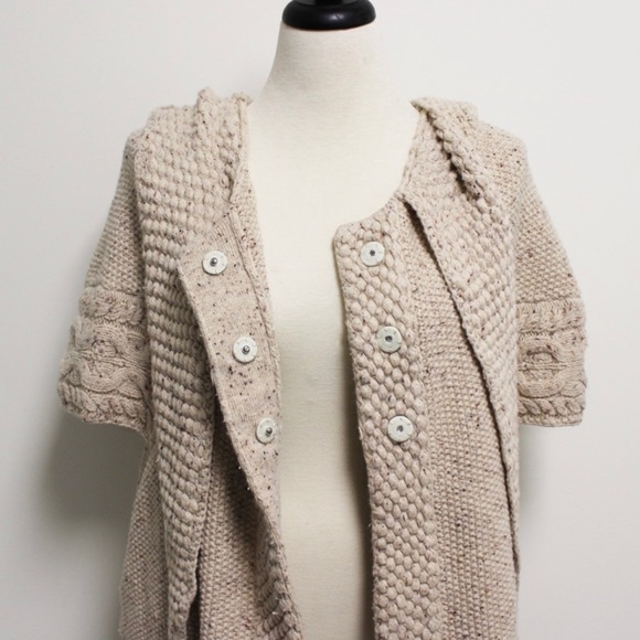 Far Away From Close Oatmeal Beige Knit Hooded Short Sleeve Snap Button Cardigan - Picture 6 of 9